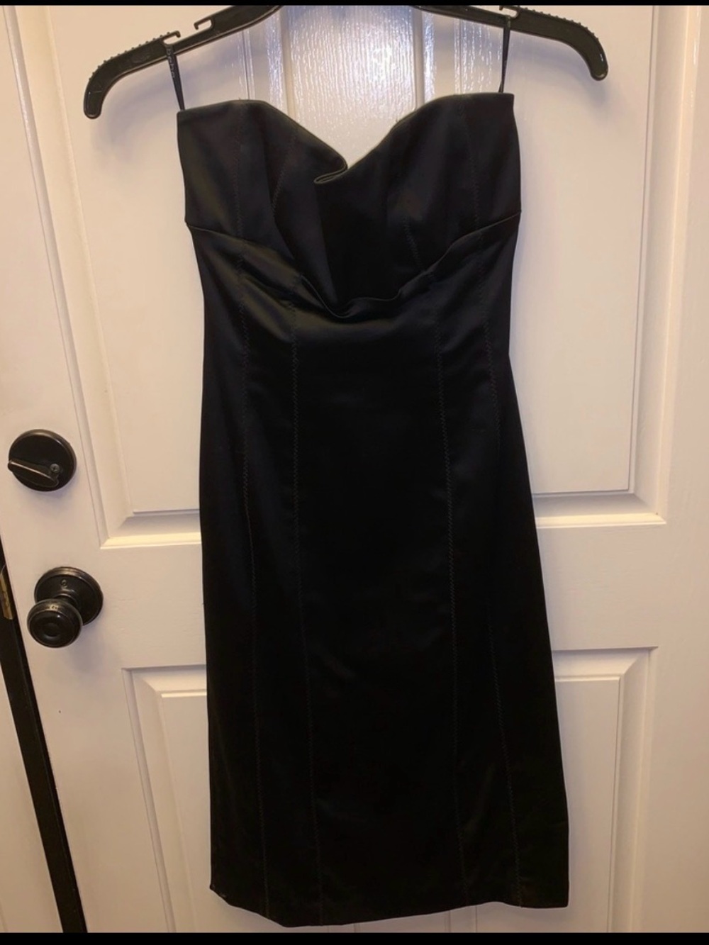 bebe Strapless Black Satin Midi Dress